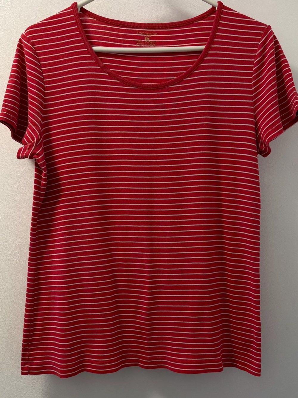 Jones New York Red White Striped Cotton Scoop Neck Tee Large
